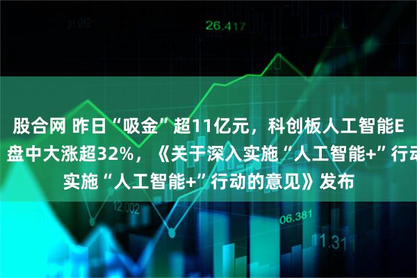股合网 昨日“吸金”超11亿元，科创板人工智能ETF（588930）盘中大涨超32%，《关于深入实施“人工智能+”行动的意见》发布